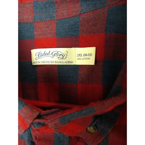 Faded Glory Men 2XL Shirt Collared Button Red Blue Checked Long Sleeve - Picture 4 of 9